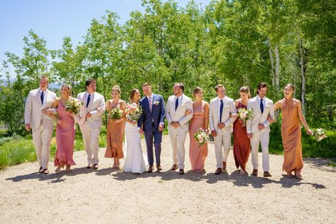 Groomsmen Multicolor, Different Color Groomsmen Suits, Mismatched Bridesmaids And Groomsmen, Groomsmen Different Colors, Pastel Groomsmen, Khaki Groomsmen, Mismatched Groomsmen, Colorado Summer Wedding, Cassie Wedding