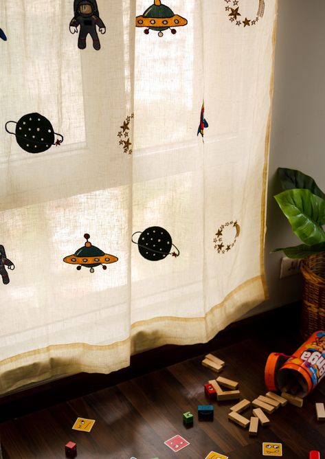 Beautifully crafted from 100% pure linen with Back Tabs + Rod Pockets for your kid's nursery, step into a world of imagination with our captivating Outer Space Galaxy-themed Embroidered Linen Sheer Curtains for Kid's Nursery Rooms. Let their dreams soar among the stars as these exquisite curtains transport them to a celestial realm of wonder and discovery. Crafted from premium pure linen, these curtains boast a luxurious sheer quality that delicately diffuses natural light, casting a gentle cele Forest Inspired Kids Room, Toddler Space Bedroom, Curtains Kids Bedroom, Funky Nursery, Playroom Curtains, Linen Sheer Curtains, Nursery Details, Nursery Blackout Curtains, Space Nursery Decor