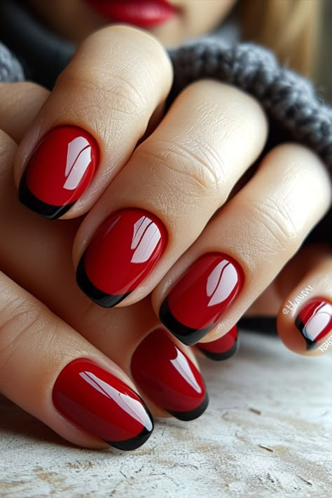 Black and Red Nails 2024: Fiery Passion 💅🖤❤️ Red And Black Fingernails, Red Nails Black Design, Italian Nail Designs, Red Black Nails Designs, Black And Red Nail Ideas, Red Black Nail Art, Black And Red Nails Ideas, Red And Black Nail Art, Red And Black Nail Designs