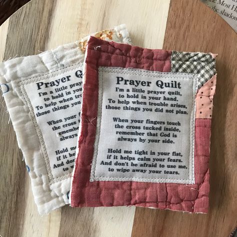 The "Prayer Quilt Collection" features all my own original designs.  A variety of Scriptures have been used to make the Mini Scripture Quilts!  These beautiful Prayer Quilts have been created using vintage quilts that were handcrafted many years ago.  They have been well loved, but sadly have surpassed their intended u Gifts From Loved Ones Clothing, Prayer Quilt Square, Diy Prayer Quilt, Diy How To Make Pocket Prayer Quilts, Prayer Cloth Sayings, Sewing Memory Projects, Crafts With Fabric Squares, Projects With Old Quilts, Hobby Craft Ideas