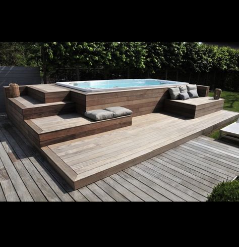 Jacuzzi Outdoor Ideas Patio Decks, Small Backyard Jacuzzi Ideas Patio, Spa Built Into Deck, Jacuzzi Pool Combo, Above Ground Swim Spa Backyard Ideas, Built In Swim Spa, Jacuzzi Outdoor Deck, Backyard Spa Ideas Hot Tubs, Recessed Hot Tub