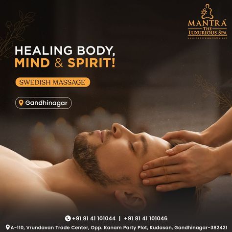 One of the primary benefits of Swedish massage is it helps improve your mental health. In this day and age of hustle culture, offering your body the rest it deserves is vital. Get in touch with us to know more about our services! Call: 8141101044 | 8141101046 #SwedishMassage #SpainGandhinagar #SpaTreatment #Massage #MassageTherapy #RelaxationMassage #SPA #Relax #Wellness #MassageTherapist #Health #Rejuvenate #SelfCare #SkinCare #FullBodyMassage #Love #Therapy #MantraLuxuriousSPA #Gandhinagar Massage Design Poster, Massage Poster Design Ideas, Massage Poster, Spa Ads, Massage Images, Love Therapy, Massage Marketing, Men Spa, Hustle Culture