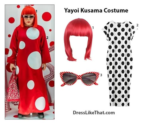 Yayoi Kusama Costume – Dress Like That Yayoi Kusama Costume Diy, Yayoi Kusama Dress, Yayoi Kusama Halloween Costume, Famous Artist Halloween Costume, Artsy Costume Ideas, Yayoi Kusama Costume, Artist Halloween Costume, Kusama Art, Teacher Costumes