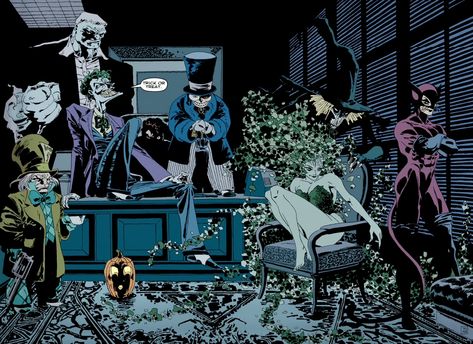 Mad Hatter, Joker, Solomon Grundy, Two Face, Penguin, Poison Ivy, Scarecrow, Catwoman (The Long Halloween) by Tim Sale Tim Sale, Batman Story, Batman The Long Halloween, The Long Halloween, Batman Halloween, Batman Rogues, James Gordon, Gotham Villains, Batman Film