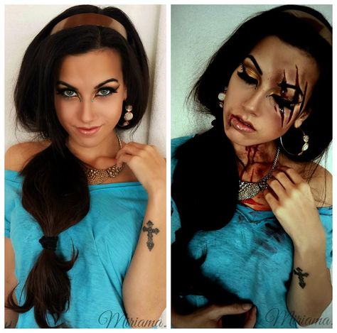 Disney's Jasmine Halloween makeup Pretty and Zombie version Zombie Disney Princess Costume, Jasmine Halloween Makeup, Dead Disney Princess Costume, Scary Disney Costumes, Disney Horror Makeup, Dead Princess Makeup, Horror Disney Princess, Scary Disney Princess Makeup, Zombie Princess Costume