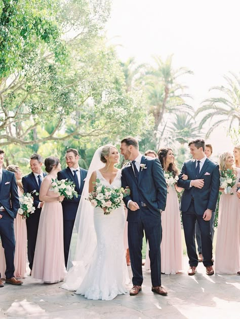 Blush Color Wedding Theme, Wedding Color Blue And Pink, Groomsmen Attire Navy And Blush, Navy Groomsmen Pink Bridesmaids, Pink Bridesmaid Blue Groomsmen, Blue And Pink Groomsmen, Navy Blush Weddings, Moonlight Bridal, Blue And Blush Wedding