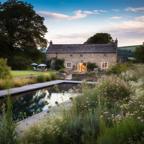 English countryside-inspired home garden swimming pool Pool Uk Garden, English Pool House, English Swimming Pool, Pool English Garden, Country House Swimming Pool, English Garden Pool Backyards, English Cottage Pool, English Garden With Pool, English Garden Pool