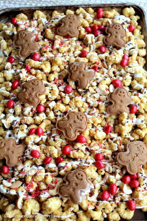 Caramel Puffed Corn Gingerbread Munch - Garden Seeds and Honey Bees Christmas Munch, Puffed Corn Recipes, Caramel Puff Corn, Puff Corn, Gingerbread Man Cookie Recipe, Bavarian Cream, Man Cookies, Gingerbread Man Cookies, Vanilla Wafers