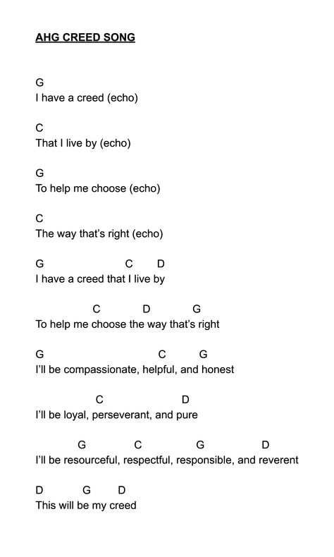 Easy chords for the Creed song for American Heritage Girls - credit to my Pioneer who wrote these. :) @AHGleader Ahg Creed Activities, Ahg Creed, Ahg Woven, Ahg Tenderheart, American Heritage Girls Tenderheart, American Heritage Girls Ahg, Ahg Badge, Easy Chords, Badge Ideas