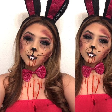 Killer Bunny Makeup, Zombie Bunny Costume, Killer Bunny Costume, Bunny Halloween Costume Makeup, Bunny Make Up Halloween Easy, Coelho Halloween, Scary Bunny Costume, Creepy Bunny Costume, Evil Bunny Makeup