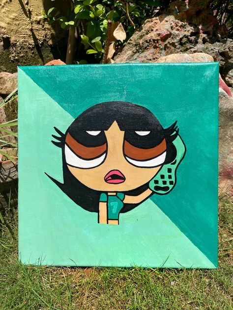 Buttercup Canvas Painting, Buttercup Powerpuff Painting On Canvas, Painting Ideas Powerpuff, Powerpuff Girls Canvas Painting, Powerpuff Girl Painting, Green Powerpuff Girl, Powerpuff Painting, Powerpuff Girls Painting, Buttercup Painting