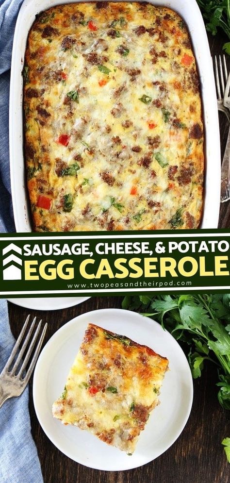 This easy Sausage, Cheese, and Potato Egg Casserole are filled with sausage, cheese, breakfast potatoes, red pepper, onion, and spinach! This Christmas morning breakfast idea feeds a crowd and can be made in advance. It is perfect for holidays and get-togethers! Sausage Egg Cheese Potato Breakfast Casserole, Sausage Egg Potato Breakfast Casserole, Potato Egg Casserole, Potato Egg Bake, Sausage Potato Casserole, Sausage Egg Breakfast Casserole, Sausage Egg Bake, Egg And Cheese Casserole, Easy Egg Casserole