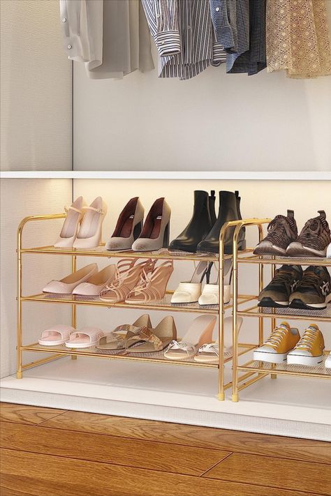 Simple Trending 3-Tier Stackable Shoe Rack, Expandable & Adjustable Shoe Shelf Storage Organizer, Metal Mesh, Gold 4 Tier Shoe Rack, Modern Shoe Rack, Top Trending Shoes, Metal Shoe Rack, Wood Shoe Rack, Stackable Shoe Rack, Adjustable Shoes, Shoe Rack Organization, Shoe Racks