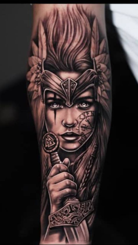 Female Viking Tattoo, Female Viking, Warrior Tattoo Sleeve, Female Warrior Tattoo, Arm Tattoos Drawing, Norse Mythology Tattoo, Valkyrie Tattoo, Viking Tattoo Sleeve, Unique Tattoos For Men