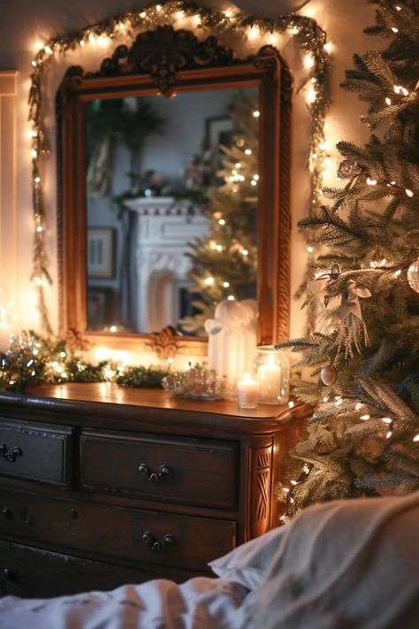 25 Magical Christmas Lights Bedroom Ideas for a Dreamy Glow - Roomy Retreat Christmas Lights Bedroom, Lights Bedroom Ideas, Lights Bedroom Decor, Boho Chic Christmas, Boho Chic Decor Diy, Twinkling Christmas Lights, Wall Of Light, Christmas Lights In Bedroom, Cascade Lights