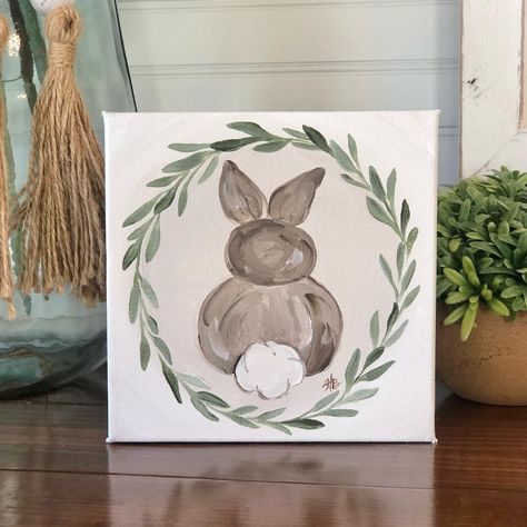 Easter Canvas Painting, Wreath Painting, Easter Canvas, Easter Paintings, Easter Wood Crafts, Easter Arts And Crafts, Bunny Watercolor, Bunny Painting, Holiday Painting