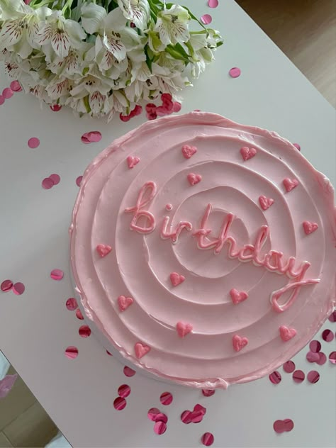 Pink Birthday Cake Aesthetic Circle, Pink Cake With Hearts, Pale Pink Birthday Cake, Birthday Cake Asethic, Birthday Cake For Women Aesthetic, Pink Cakes Birthday For Women, Birthday Cake For Women Pink, Aestethic Birthday Cake, Simple Pink Birthday Cake