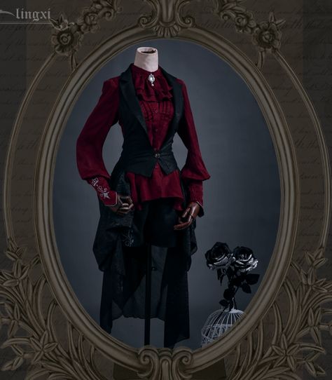 Female Victorian Suit, Red And Black Victorian Suit, Victorian Vampire Outfit Men, Vampire Outfit Aesthetic Victorian, Vampiric Clothing, Red Ouji Fashion, Victorian Gothic Outfits Men, Old Victorian Clothes, Gothic Red Outfit