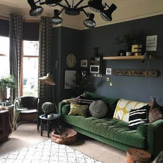 ✔63 Botanical Dark Boho Living Room Dreams | ARA HOME Apartments Inspiration, Green Couches, Funky Interior, Funky Interior Design, Green Sofa Living, Lounge Diner, Green Sofa Living Room, Apartment Styles, Couch Ideas