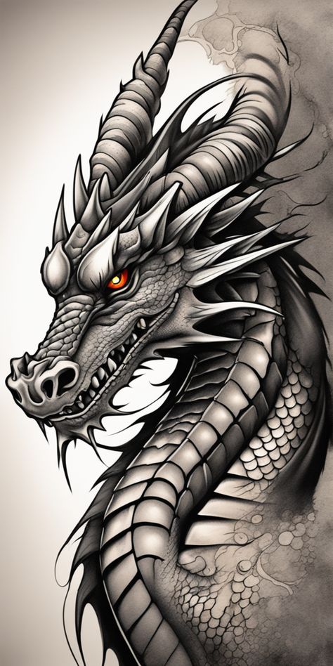 A vibrant dragon tattoo design on a blank canvas, showcasing a dynamic play of black and grey shades for depth. The dragon's intricate details and colors lend it a unique, lively edge. Dragons Head Tattoo, Beautiful Dragon Art, Pinky Tattoo, Dragon Head Tattoo, Animal Poses, Dragon Tattoo Art, Head Tattoo, Grey Shades, Dragon Tattoo Designs