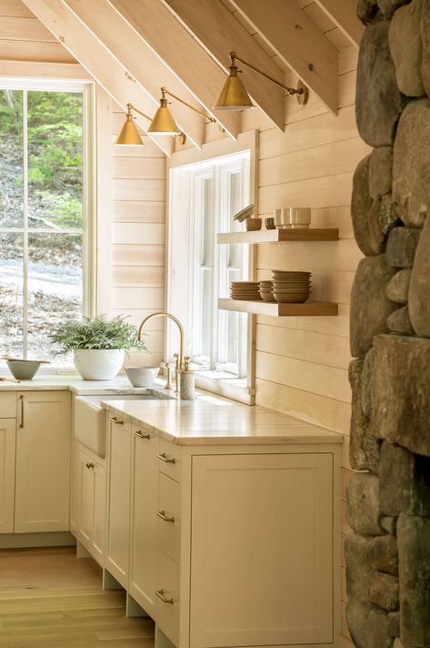 A Bridgton Home in the Trees - Decor Maine Maine Lake House, Maine Kitchen, Commercial Landscaping, Board And Batten Siding, Cedar Shingles, Exterior Wood, Wood Ceilings, Tiny Kitchen, Through The Window