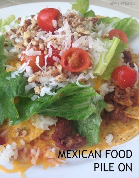 Mexican Food Pile On - can make meat/bean mixture ahead in the crockpot-perfect for a party. Has 2 unique ingredients that make the recipe. Mexican Pile Up Recipe, Vegetarian Taco Salad, Unique Ingredients, Mexican Pizza, Healthy Easy Recipes, Cream Pies, Easy Homemade Recipes, Menu Plan, Small City