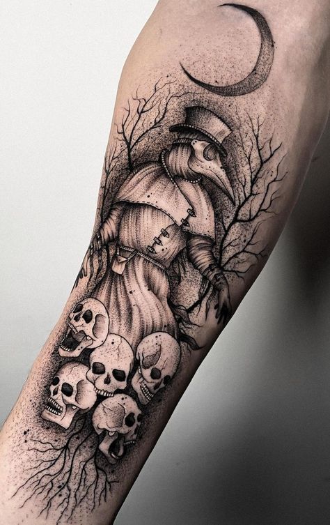 Plauge Doctor Tattoo Cute, Plague Doctor Tattoo Sleeve, Spooky Shin Tattoo, The Plague Doctor Tattoo, Black Plague Tattoo, Plauge Doctor Tattoo Neotraditional, Plague Doctor Tattoos, Plague Doctor Tattoo Creepy, Creepy Sleeve Tattoo