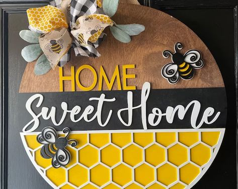 Bee Door Hanger Beehive Door Hanger Bee Decor Honeybee | Etsy Bee Door Hanger, Bunny Door Hanger, Bee Sign, Bee Lover Gifts, Wooden Porch, Summer Door Hanger, Wood Signs For Home, Bee Crafts, Spring Door