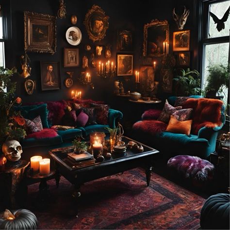 Magical & Maximalism Home Decor: Whimsigoth, Eclectic, and Witchy Vibes for Your Space | by Magical Maximalism🔮🏡✨ | Sep, 2024 | Medium Dark Victorian Living Room, Living Room Inspiration Dark, Room Inspiration Dark, Dark Academia Living Room, Academia Interior, Academia Home, Dark Grey Couch Living Room, Dark Academia Interior, Chesterfield Sofa Living Room