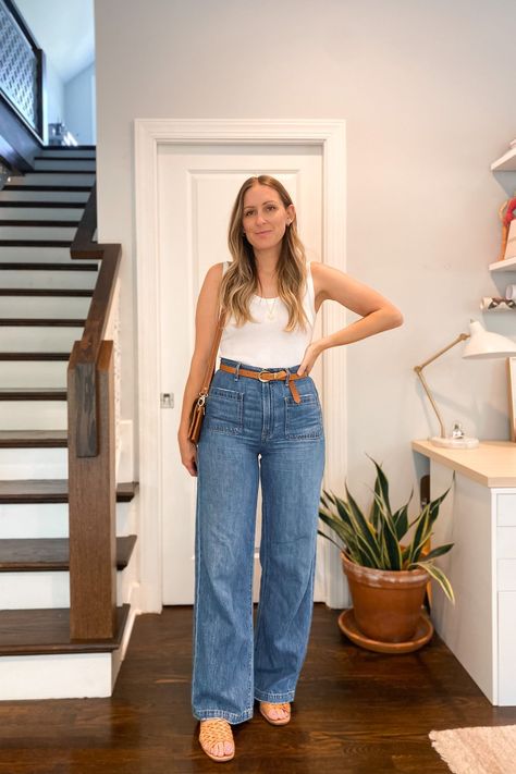 Wide Leg Jeans Sandals Outfit, Wide Leg Jeans Tank Top Outfit, Wide Leg Pants Tank Top Outfit, White Tank And Jeans Outfit, Wide Leg Jeans For Curvy Women, Top With Wide Leg Jeans, White Tank Top Blue Jeans, Wide Leg Jeans Midsize, Tank Top And Jeans Outfit