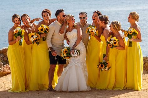 Manchester Wedding, Beauty And Beast Wedding, Beach Wedding Decorations Reception, Wedding Color Pallet, Sunflower Themed Wedding, Wedding Color Combos, Ibiza Wedding, Ibiza Beach, Yellow Bridesmaid Dresses