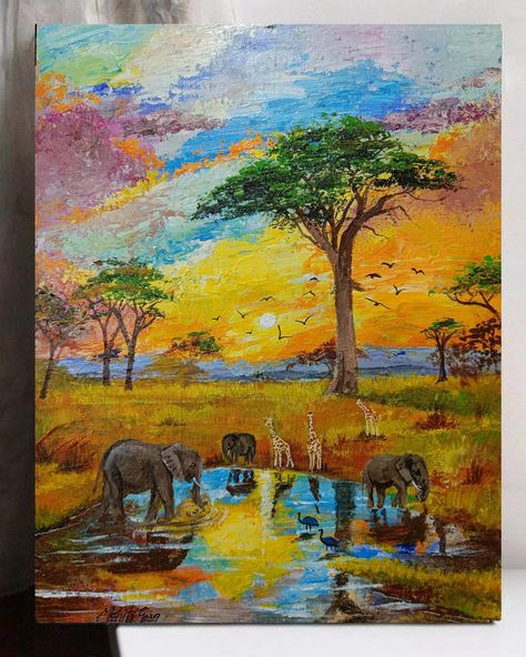 Immerse yourself in the breathtaking beauty of the African savanna with this hand-painted acrylic wildlife painting. Featuring a golden sunset sky, lush trees, and a tranquil waterhole where elephants, giraffes, and birds gather, this textured artwork captures the raw and untamed spirit of nature. The rich impasto brushstrokes and layered colors bring depth and movement to the scene, making it a striking centerpiece for any home, office, or nature-inspired space. Whether you're a wildlife lover, a fan of African landscapes, or simply appreciate vivid, expressive art, this piece brings warmth and adventure into your space. ✨ Details: ✔ Original Acrylic Painting (Not a print) ✔ Vibrant African Wildlife Scene with elephants, giraffes & birds ✔ Sunset Landscape Art with rich textures & layered Safari Canvas Painting, African Savannah Landscape, Savannah Landscape, Birds Sunset, Sunset Landscape Art, African Savanna, Giraffe Wall Art, African Savannah, Wildlife Painting