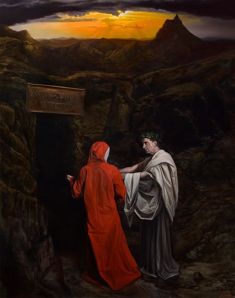 Canto 3: Dante and Virgil approach the mouth of hell and see the sign "Abandon All Hope Ye Who Enter Here" - Dante's Inferno Painting Series, oil on AlumaComp 48 x 60" 2017 Dante And Virgil, Dante's Inferno, Istoria Artei, Dantes Inferno, Painting Series, Gustave Dore, Dante Alighieri, Hbo Max, Arte Fantasy