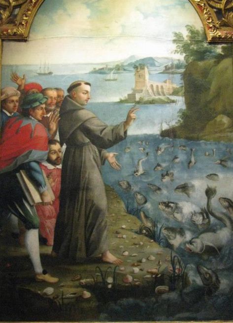 St. Anthony preaching to the fish. Men would not listen to him so he preached to the fish. As a result the town did indeed listen to him. Painting at the Convent of St. Francis, Quito, Ecuador. St Anthony's Feast, Anthony Of Padua, Saint Anthony Of Padua, Novena Prayers, Christian World, St Anthony, Holy Father, Saint Anthony, Child Jesus