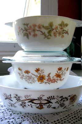 Pyrex England - from the bottom  Vines - 1 round, 1 oval  Country Autumn/ Woodland 1 round  Cherry Blossom 1 round, 1 rectangle Pyrex England Patterns, Pyrex Display, Pyrex Vintage Rare, Pyrex Glassware, Pink Pyrex, Vintage Bakeware, Pyrex Patterns, Vintage Pyrex Bowls, Corelle Dinnerware