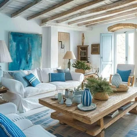 Greek Style Home, Mediterranean Style Living Room, Living Room Mediterranean, Mediterranean Living Rooms, Mediterranean Living Room, Apartment Simple, Mediterranean Interior Design, Greek Decor, Mediterranean Style Home