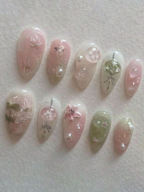 Cherry Blossom Inspired Nails, Lotus Nails Design, Cute Nails With Flowers, Water Lily Nails, Lily Of The Valley Nails, Silly Nail Art, Painted Flower Nails, Lotus Flower Nails, Tulips Nails