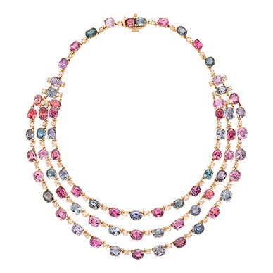 Three strands of analogously colour-blocked spinels, well-matched in lustre, tone and saturation, connected to a single strand of similarly matched spinels, mounted in gold. Although varying in shape and hue, the transcendental balance seen in this necklace is a result of intelligent colour-blocking and exhaustive selection. Spinel Necklace, Colour Blocking, Name Jewelry, Fine Jewels, Red Purple, Stone Necklace, Garnet, Color Block, Multi Color