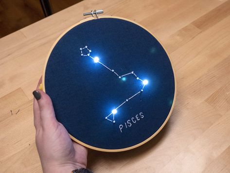 This Zodiac Embroidery Lights Up - Make: Zodiac Embroidery, Conductive Thread, Smart Textiles, Project Steps, Free Pdf Pattern, Types Of Stitches, French Knots, Innovative Ideas, French Knot