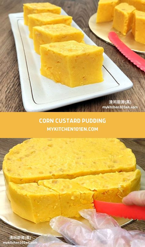 For Corn Custard Kuih, cheese is omitted, the amount of milk added is less, some plain flour is added to give the kuih a firmer texture and not sticky. Corn Custard, Custard Pudding, Custard Powder, Creamy Corn, Corn Flour, Vegan Condiments, Baking Paper, Plain Flour, Sweet Corn