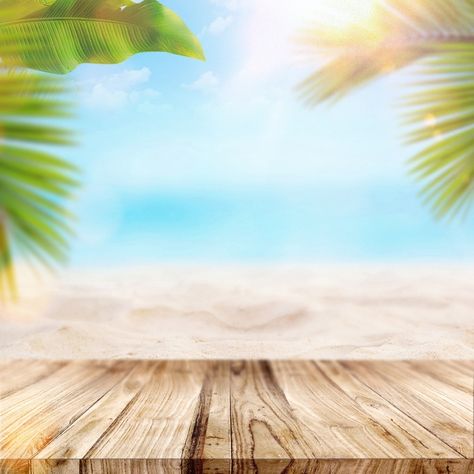 Summer Beach With Wood Table And Palms Picnic Background Aesthetic, Summer Backgrounds Wallpapers, Palm Background, Sunset Beach Pictures, Sea Background, Table Background, Beach Table, Background Summer, Water Background