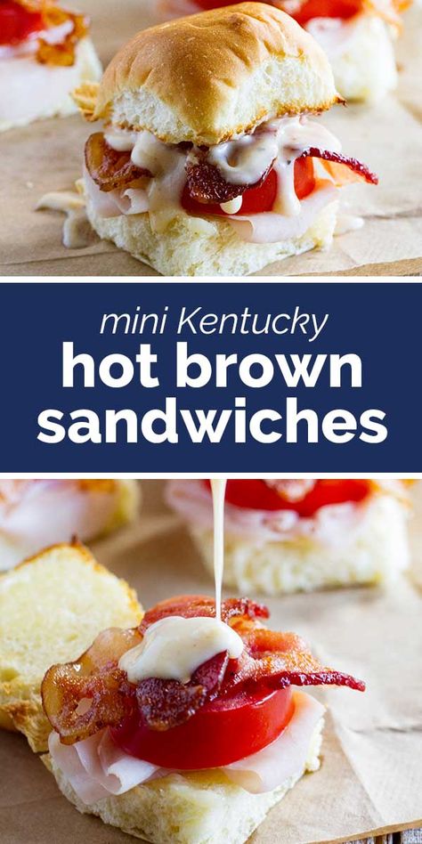 A riff off of the popular open-face sandwiches served at the Brown hotel near the Kentucky Derby racetrack, these Mini Kentucky Hot Brown Sandwiches are an easy and fun way to have them at home! #recipe #hotbrown #kentuckyhotbrown #sandwiches #dinner #lunch #easyrecipe Derby Snacks, Freezer Snacks, Kentucky Hot Brown Sandwich, Derby Food, Kentucky Derby Food, Kentucky Derby Recipes, Derby Recipe, Kentucky Derby Themed Party, Kentucky Derby Pie