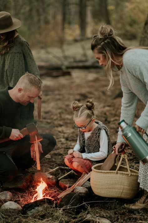 Vernon BC, Canada. Okanagan. Forest. Family Session. Family Photos. Fire. Nature. Neutrals. Greenery. Rustic. Family Cabin Photoshoot, Centered Photography, Family Camping Photography, Family Posing Guide, Autumn Shoot, Mini Photo Shoot, Vernon Bc, Camping Family, Holiday Mini Session