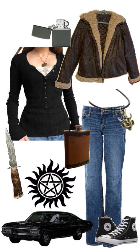 This is what I would wear and bring if I was in the show Supernatural. Outfit inspo. #outfits Supernatural Outfit Ideas Women, Supernatural Aesthetic Outfit, Anna Supernatural, Supernatural Outfit Ideas, Sam Winchester Outfit, Supernatural Halloween Costumes, Supernatural Clothes, Supernatural Costume, Supernatural Inspired Outfits