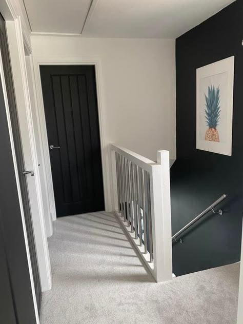 Dark Grey Hallway Ideas, Navy Hallway Ideas, Stairs And Hallway Ideas Colour, Scandi Hallway, Hallway Landing, Stairs And Hallway Ideas, Grey Interior Doors, Landing Ideas, Hall Stairs