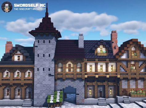 Medieval city street (part of a bigger project) : Minecraftbuilds Minecraft Medieval Village, Minecraft Medieval House, Minecraft Castle Designs, Minecraft Kingdom, Rumah Minecraft Sederhana, Minecraft Mansion, Minecraft Structures, Minecraft House Plans, Bangunan Minecraft