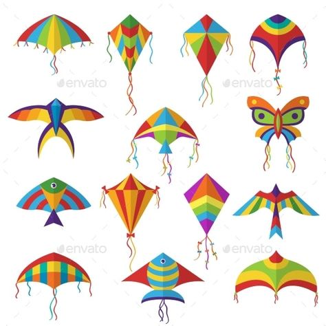 Air Kite. Colored Different Shapes Kite in Sky by ONYXprj | GraphicRiver Kite In Sky, Big Kites, Diy Kite, Kites Craft, Indian Animals, Kites For Kids, Kite Designs, Kite Festival, Kids Vector