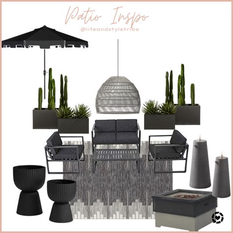 Black And Grey Outdoor Furniture, Gray And White Patio Decor, Black And Gray Patio Decor, Modern Deck Decorating Ideas, All Black Patio Furniture, Patio Decor Black And White, Outdoor Rug With Black Patio Furniture, Modern Black Patio Furniture, Small Pool Decor Ideas