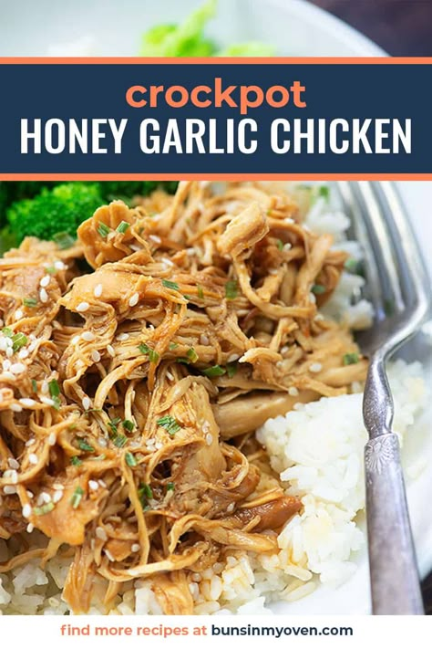 Broccoli Asian, Crockpot Honey Garlic Chicken, Crock Pot Honey Garlic Chicken, Recipes Crock Pot, Asian Recipe, Easy Crockpot Dinners, Easy Dinner Recipes Crockpot, Garlic Chicken Recipes, Shredded Chicken Recipes