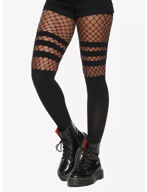 Blackheart Faux Thigh High Stripes & Fishnet Tights Cool Clothes For Girls, Gothic Thigh High Fishnet Hosiery, Fish Net Tights Outfit, Gothic Thigh High Fishnet Legwear, Black Thigh-high Fishnet Legwear, Striped Thigh Highs, Fish Net Tights, Girlfriend Clothes, Black Fishnet Tights